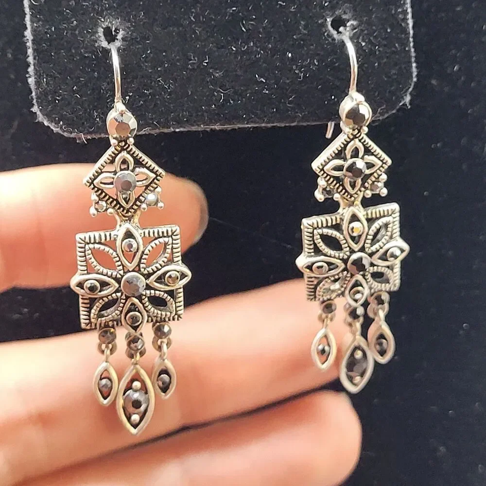 Vintage Marcasite Dangle Earrings Silver Tone Chandelier 2in